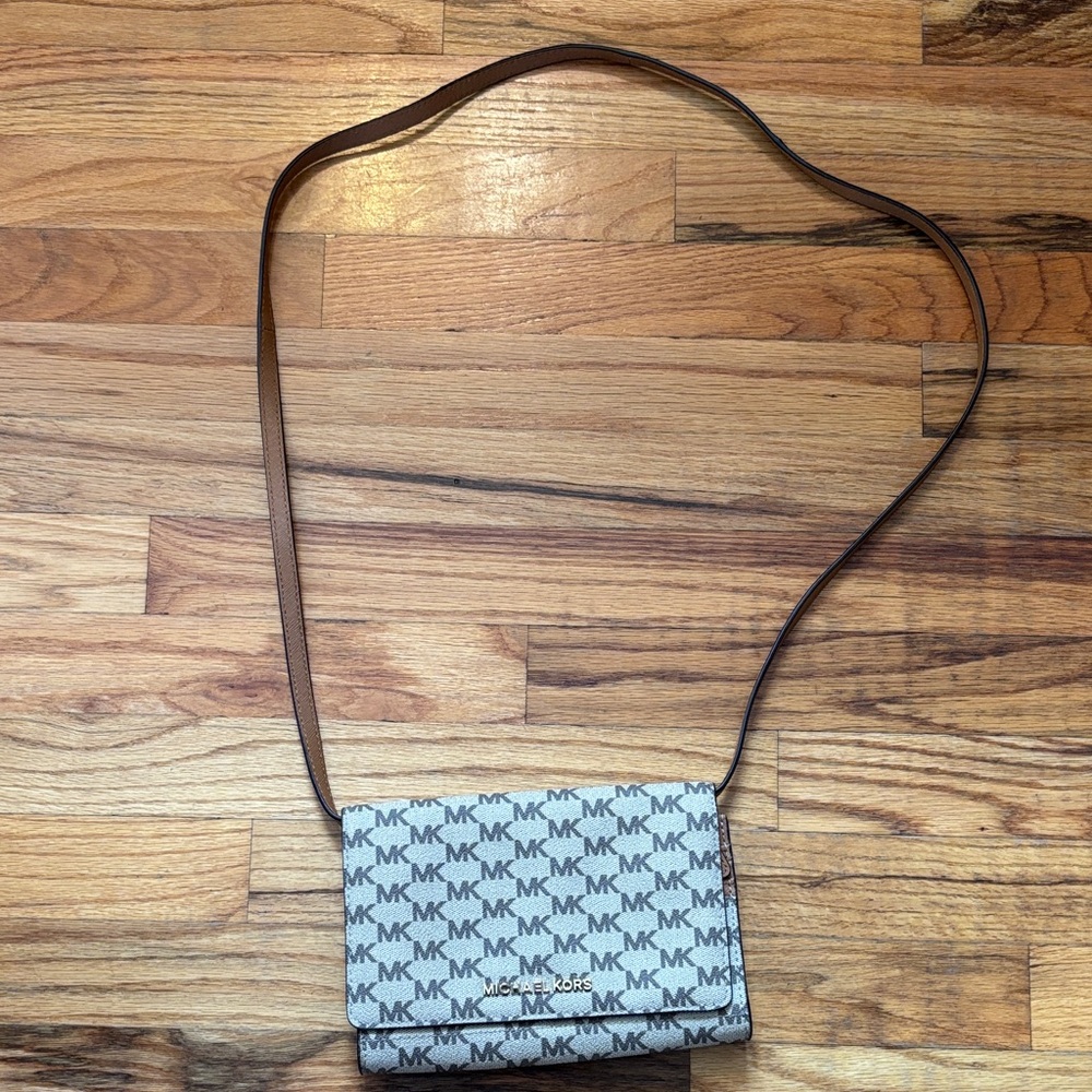 Michael Kors Monogram Crossbody Bag in Brown and Tan